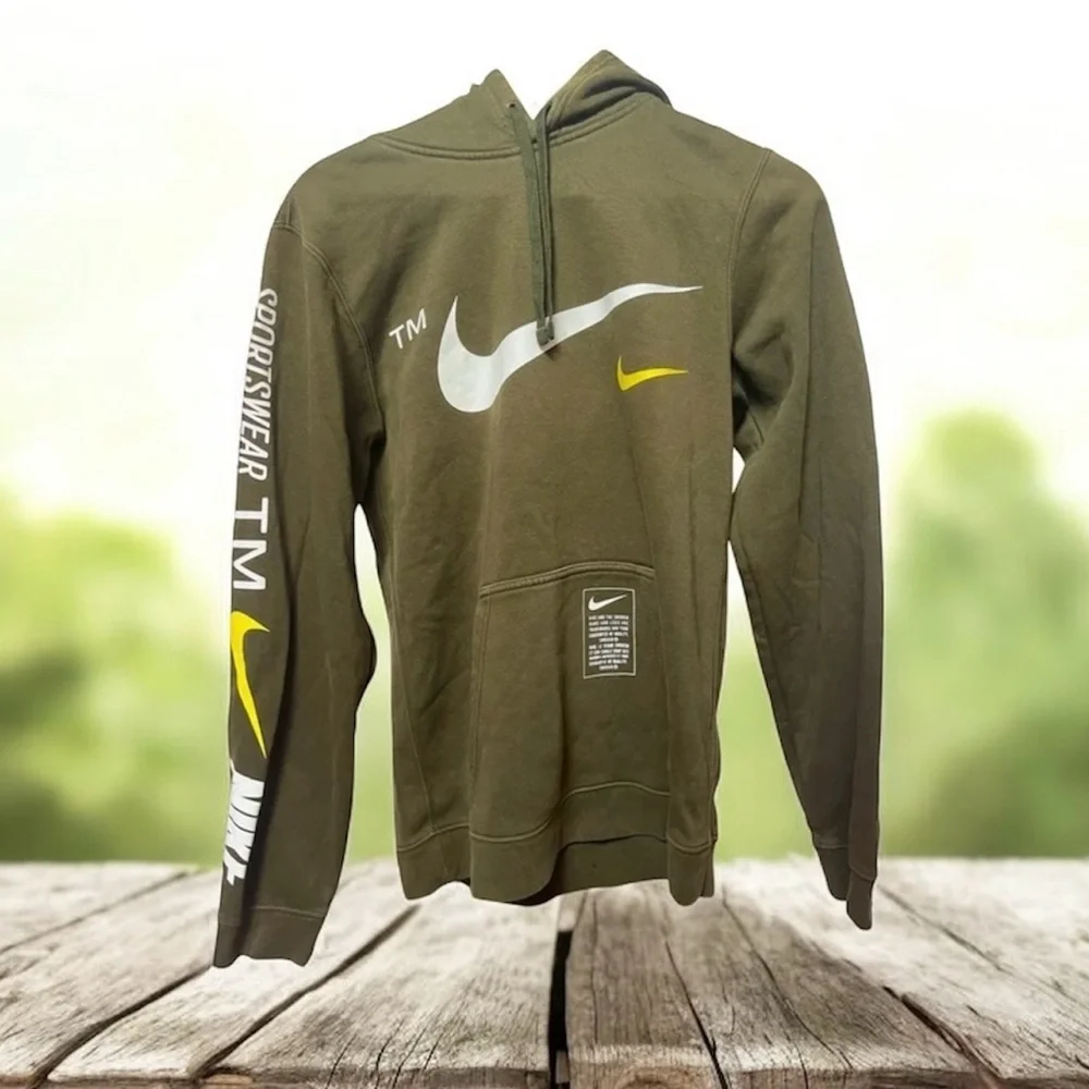 Nike Olive Green Hoodie with White and Yellow Accents